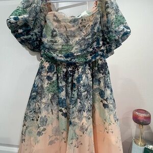 Anthropologie Blue and Peach Floral Formal Dress